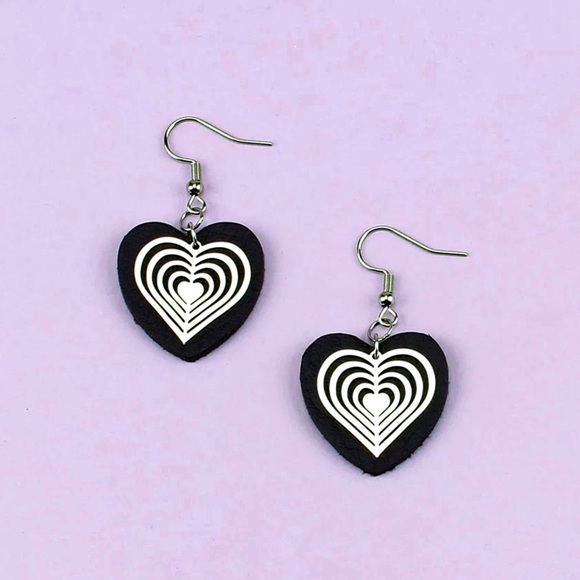 Any 4/$25! Black Foam Hearts w/Silver Laser Cut Overlay Drop Earrings - Picture 2 of 6